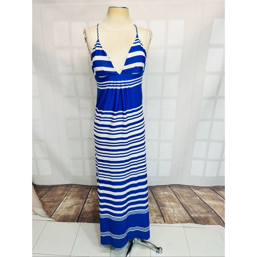 Julie Brown Blue White Striped Braided Spaghetti Straps Maxi Dress Size Small